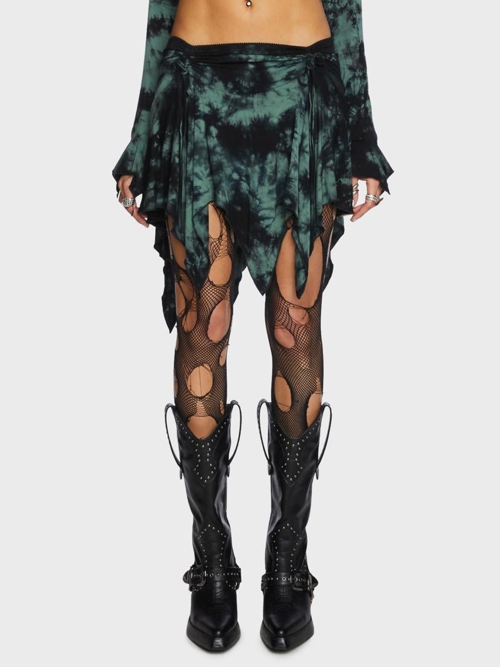 Widow Black and Green Tie-Dye Asymmetrical Handkerchief Skirt Sz M